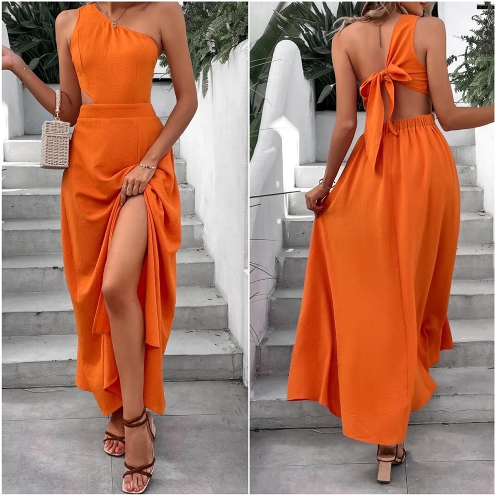 One shoulder Open Back cut out Slit Maxi Dress - Picture 7 of 7